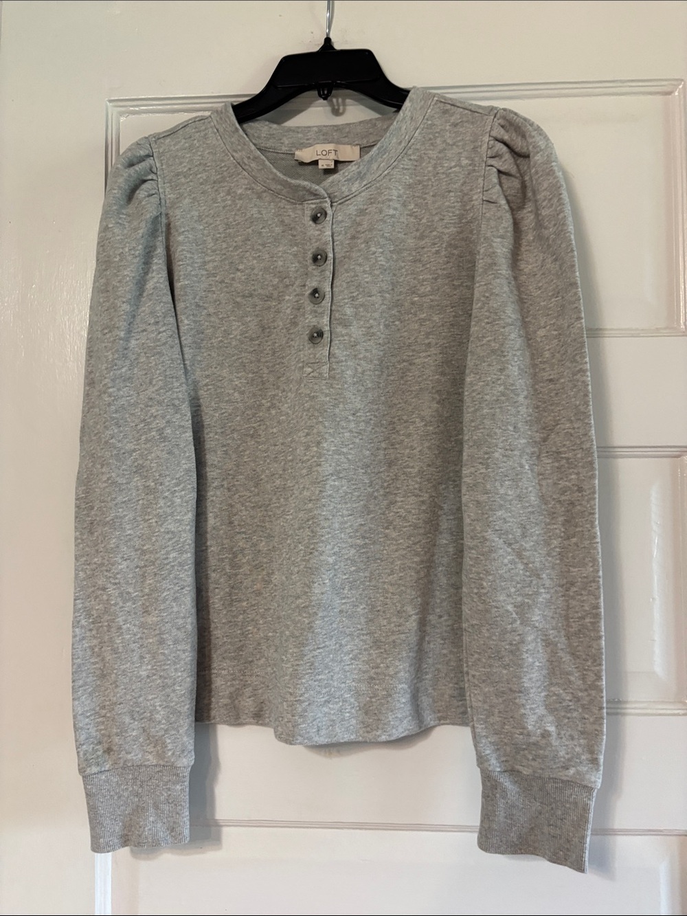 LOFT Light Gray Puff Sleeve Henley Long-Sleeve Tee